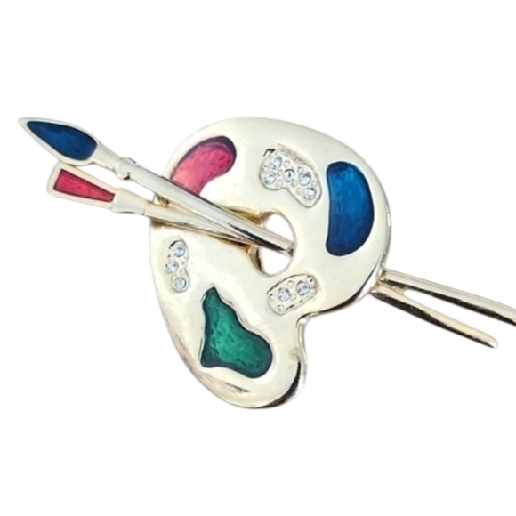 Jewelry - Vintage Painter’s Palette Brooch – Enamel & Rhinestone Accents